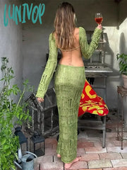 Lunivop See Through Backless Sexy Dress For Women Summer Hollow Out Kintted Maxi Dresses Femme Club