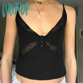 Lunivop See Through Lace Patchwork Crop Top Casual V Neck Sleeveless Slim Solid Women Camisole Y2K