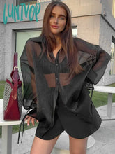Lunivop See Through Mesh Cardigan For Women Fashion Lace Up Long Sleeve Shirts Female Black Loose