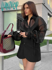 Lunivop See Through Mesh Cardigan For Women Fashion Lace Up Long Sleeve Shirts Female Black Loose