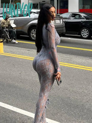 Lunivop See Through Mesh Sexy Jumpsuit Women Bow Splice Long Sleeve Bodycon One Piece Hot Girl