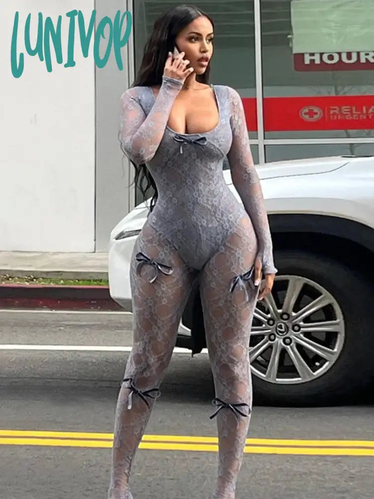 Lunivop See Through Mesh Sexy Jumpsuit Women Bow Splice Long Sleeve Bodycon One Piece Hot Girl