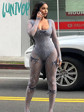 Lunivop See Through Mesh Sexy Jumpsuit Women Bow Splice Long Sleeve Bodycon One Piece Hot Girl