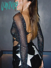 Lunivop See Through Sparkly Mesh Bodysuit Women Long Sleeve Rhinestone Body Tops Hot Drill Female