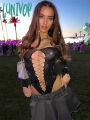 Lunivop See Through Sparkly Mesh Bodysuit Women Long Sleeve Rhinestone Body Tops Hot Drill Female