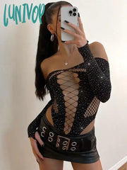 Lunivop See Through Sparkly Mesh Bodysuit Women Long Sleeve Rhinestone Body Tops Hot Drill Female