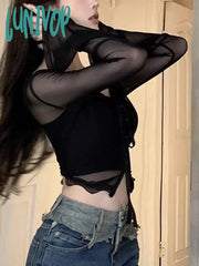 Lunivop See Through T-Shirts Women Irregular Crop Tops Female Sexy Spicy Girl 2 Piece Set Tees