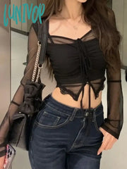 Lunivop See Through T-Shirts Women Irregular Crop Tops Female Sexy Spicy Girl 2 Piece Set Tees