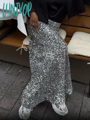 Lunivop Sequin Velvet Maxi Skirts For Women 2024 New High Waist Slim Fashion Elegant Beading Shiny