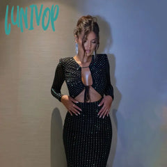 Lunivop Sequins Hollow Out Long Sleeve Bodycon Midi Dress Women Autumn Winter Sexy Glitter Party