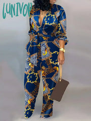 Lunivop Sets Outifits Autumn Abstract Print Button Front Belted Jumpsuit Of One Fashion Casual