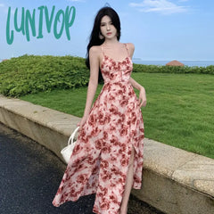 Lunivop Sexy Backless Holiday Beach Spaghetti Strap Long Dresses For Women Summer Sleeveless Sweet