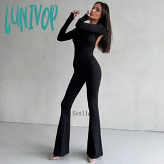Lunivop Sexy Backless Jumpsuits Solid Flare Pant Club Outfits For Women One Piece Party Unitards