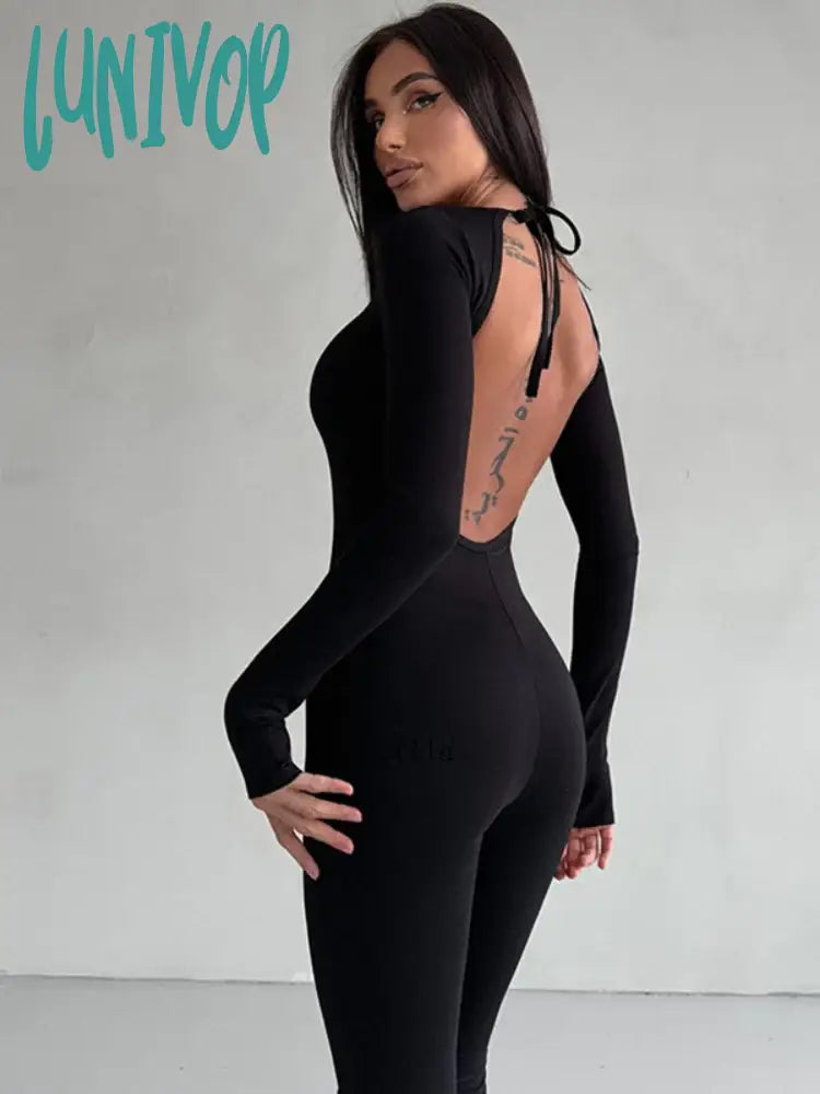 Lunivop Sexy Backless Jumpsuits Solid Flare Pant Club Outfits For Women One Piece Party Unitards