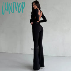 Lunivop Sexy Backless Jumpsuits Solid Flare Pant Club Outfits For Women One Piece Party Unitards