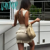 Lunivop Sexy Backless Lace Mini Dress Women’s Ruched Patchwork Sleeveless Elegant Hip Wrap Slim