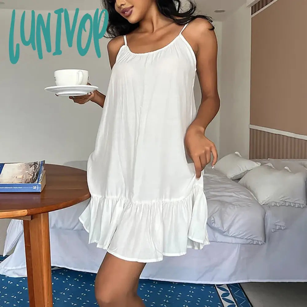 Lunivop Sexy Backless White Suspender Short Dress With Ruffles For Women’s Home Wear Nightgown