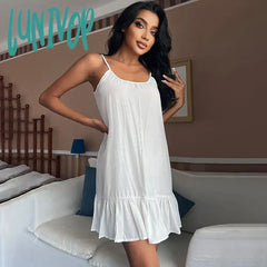 Lunivop Sexy Backless White Suspender Short Dress With Ruffles For Women’s Home Wear Nightgown