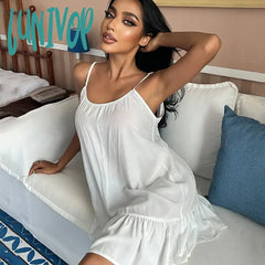 Lunivop Sexy Backless White Suspender Short Dress With Ruffles For Women’s Home Wear Nightgown