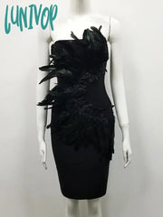 Lunivop Sexy Black Strapless Feather Bodycon Bandage Dress Women Elegant Luxury Vestidos De Fiesta