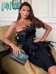 Lunivop Sexy Black Strapless Feather Bodycon Bandage Dress Women Elegant Luxury Vestidos De Fiesta