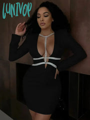 Lunivop Sexy Bodycon Diamond Chain Black Long Sleeve Bandage Dresses Parti Elbiseleri Evening Club