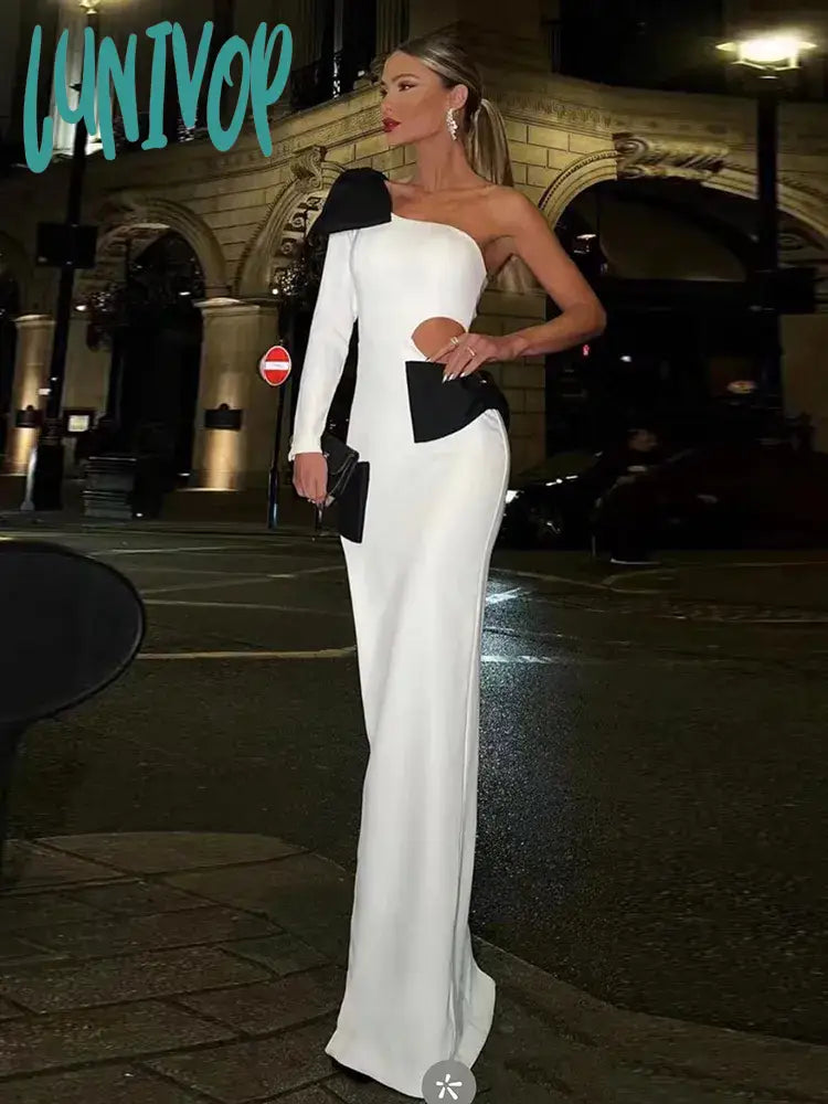 Lunivop Sexy Bow Tie One Shoulder Long Sleeve Women Bandage Dress Wedding Birthday Evening Cocktail