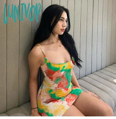 Lunivop Sexy Colourful Graffiti Mini Dress For Women Halter Backless Summer Beach Floral Tie Dye