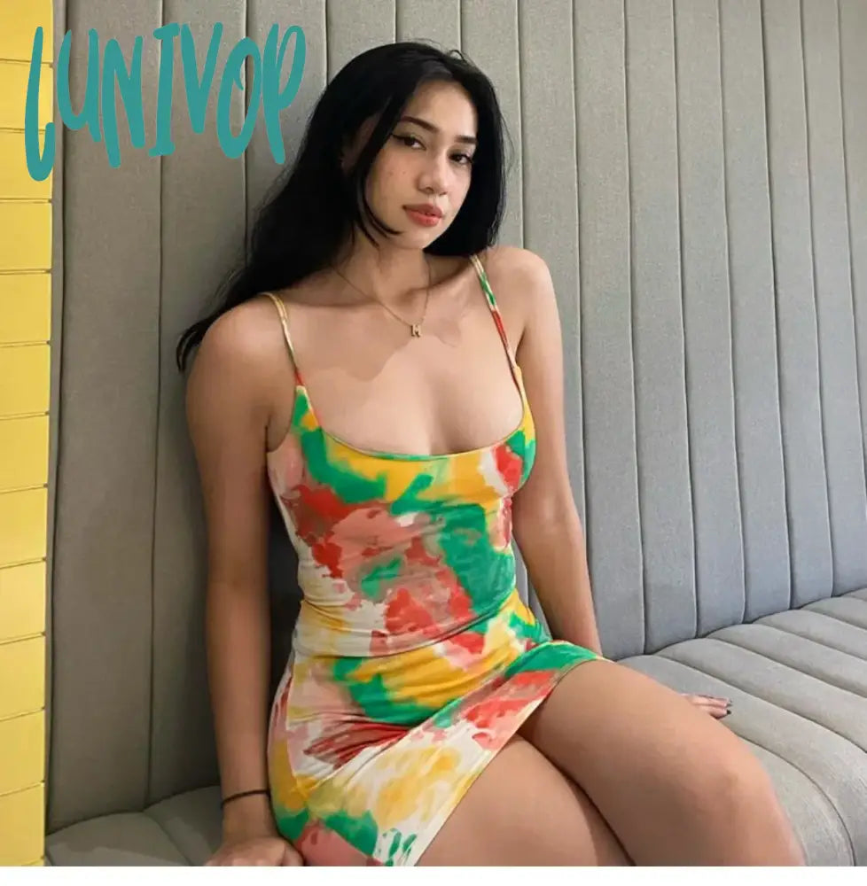 Lunivop Sexy Colourful Graffiti Mini Dress For Women Halter Backless Summer Beach Floral Tie Dye