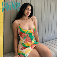 Lunivop Sexy Colourful Graffiti Mini Dress For Women Halter Backless Summer Beach Floral Tie Dye