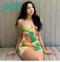 Lunivop Sexy Colourful Graffiti Mini Dress For Women Halter Backless Summer Beach Floral Tie Dye