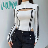 Lunivop Sexy Cool Girl Slim Bodycon Top 90s Motorcycle Style Y2k Contrast Hollow-up Zipper Jumpsuit Casual Long Sleeve Women's Bodysuits