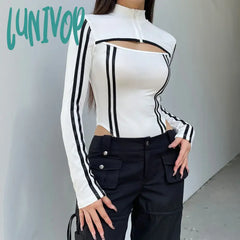 Lunivop Sexy Cool Girl Slim Bodycon Top 90S Motorcycle Style Y2K Contrast Hollow-Up Zipper Jumpsuit