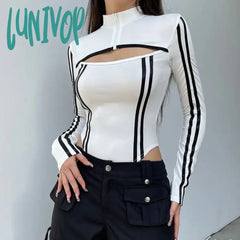 Lunivop Sexy Cool Girl Slim Bodycon Top 90S Motorcycle Style Y2K Contrast Hollow-Up Zipper Jumpsuit