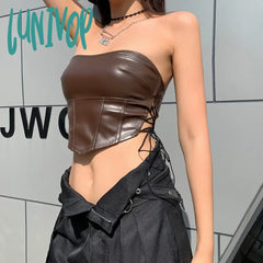 Lunivop Sexy Corset Lace Up Top Black Tank Women Strapless Tube Bodycon Camis Backless Sleeveless