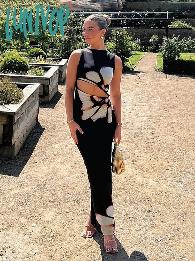Lunivop Sexy Cut Out Flower Print Maxi Dress Women’s Summer Fashion Sleeveless Beach Split Slim