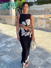 Lunivop Sexy Cut Out Flower Print Maxi Dress Women’s Summer Fashion Sleeveless Beach Split Slim