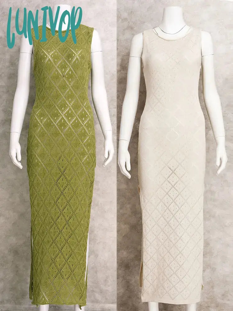 Lunivop Sexy Cut Out Slit Knit Mesh Swimsuit Cover Up Pareo Tunic Summer Beach Maxi Dress Bikini