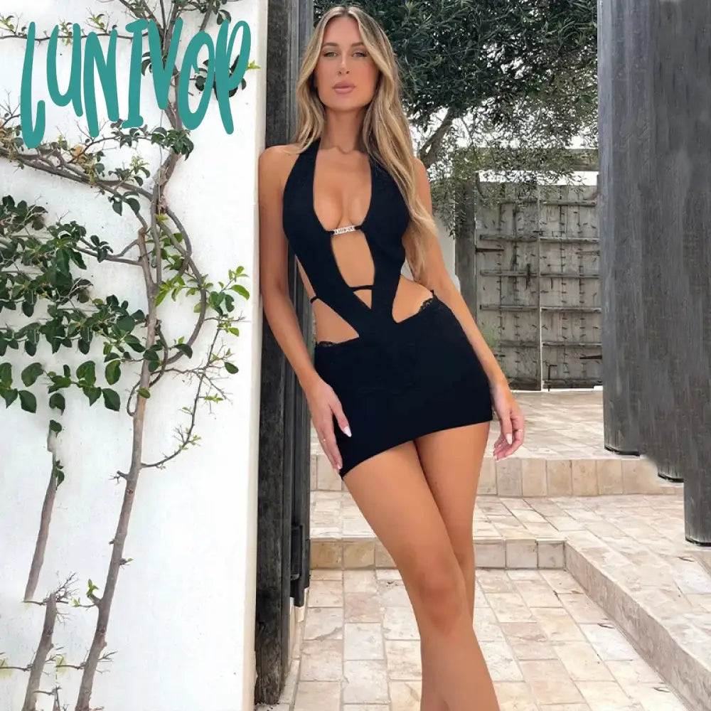 Lunivop Sexy Deep V Backless Mini Dresses For Women 2024 Summer Clubwear Outfits Lace Black White