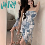 Lunivop Sexy Denim Gradient Print Irregular Strapless Dress Women Backless Split Party Summer Y2K