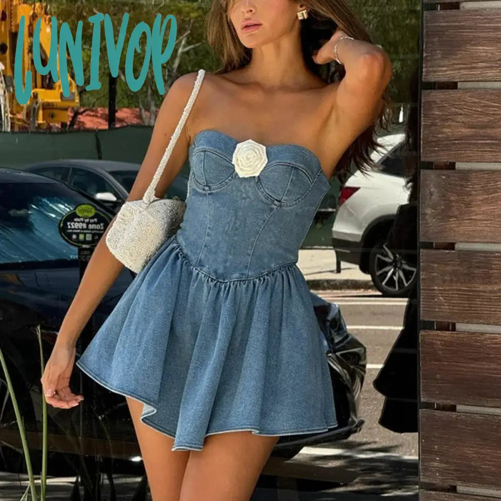 Lunivop Sexy Denim Strapless Dress For Women Floral Applique Folds Mini Streetwear Sleeveless Club