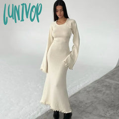 Lunivop Sexy Dress Solid Knitted Open Back Flared Long Sleeve Maxi Elegant Clothes For Women Fall