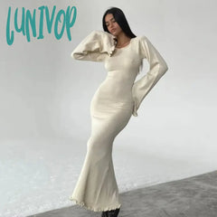 Lunivop Sexy Dress Solid Knitted Open Back Flared Long Sleeve Maxi Elegant Clothes For Women Fall