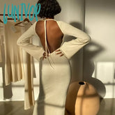 Lunivop Sexy Dress Solid Knitted Open Back Flared Long Sleeve Maxi Elegant Clothes For Women Fall