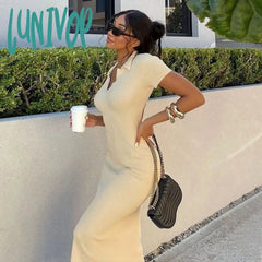 Lunivop Sexy Dress Solid Knitted Open Back Flared Long Sleeve Maxi Elegant Clothes For Women Fall