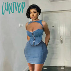 Lunivop Sexy Hollow Out Strapless Denim Tank Tops Women Short Sleeve Irregular Overcoat Casual Y2K
