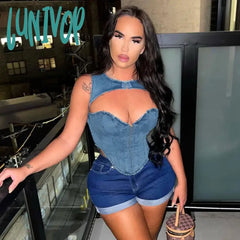 Lunivop Sexy Hollow Out Strapless Denim Tank Tops Women Short Sleeve Irregular Overcoat Casual Y2K