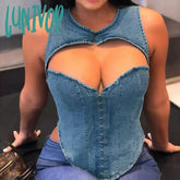Lunivop Sexy Hollow Out Strapless Denim Tank Tops Women Short Sleeve Irregular Overcoat Casual Y2K