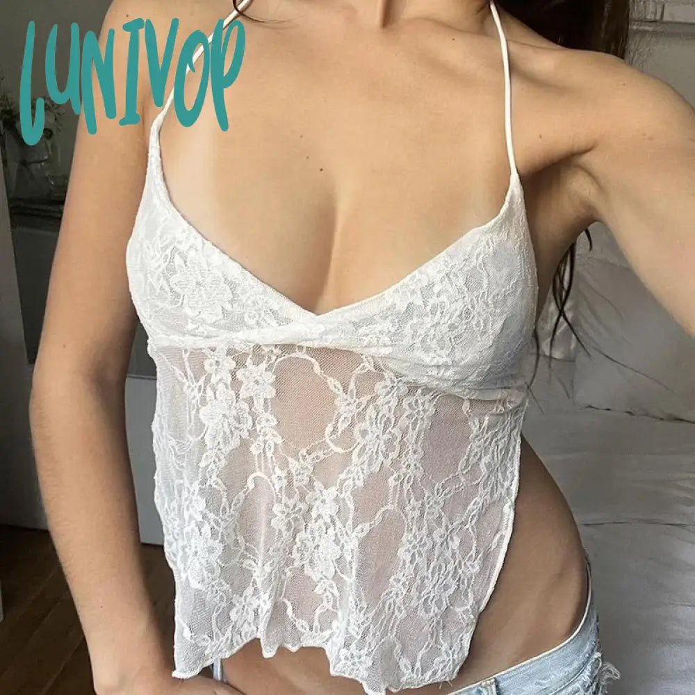 Lunivop Sexy Hook Floral Lace Patchwork Halter Camis For Holiday Party Coquette Backless Bandage