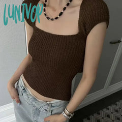 Lunivop Sexy Knitted T-Shirts Women Backless Bandage Design Hotsweet Summer Skinny Crop Tops